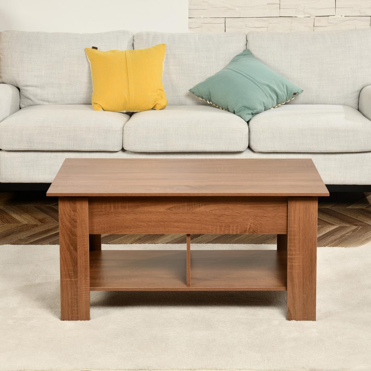 COUCHTISCH mit Lift-Top, Stauraum und Ablagefach, Eiche Optik - Goldfarben/Weiß, Holz (96/50/47cm) - Urban Meuble
