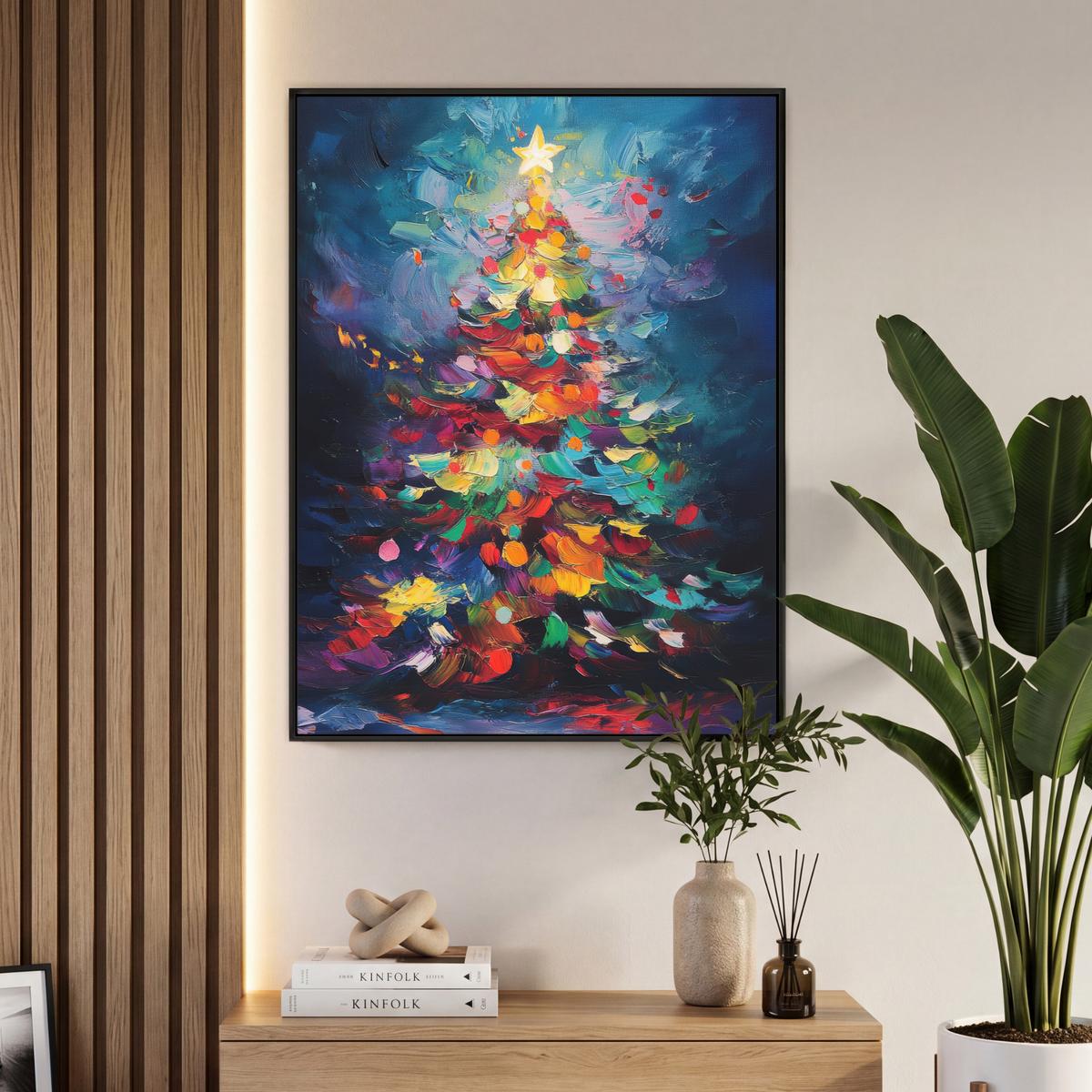 LEINWAND Bilder mit Rahmen - Weihnachtsbaum - Weihnachten - Abstrakt - Farbenfroh - 70x100 - Multicolor, Textil (70/100cm) - MuchoWow
