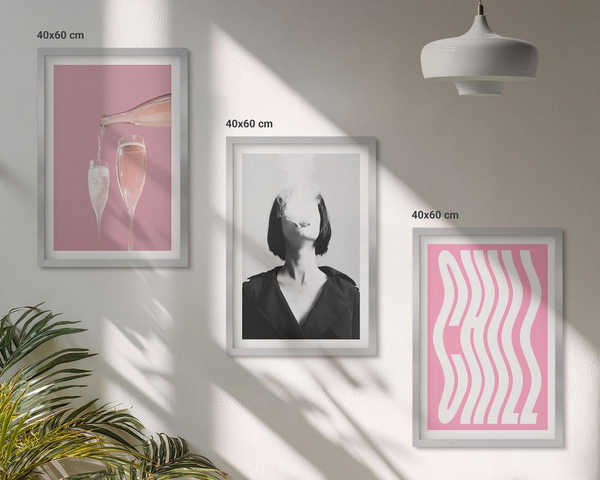 BILDER SET 3er Set - 40x60 cm Silberner Rahmen - Stilvolles Porträt, Champagner-Entspannung - Silberfarben, Kunststoff (40/60cm) - TULUP
