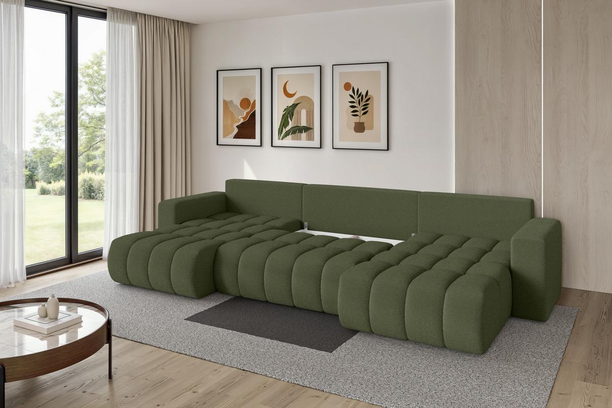 WOHNLANDSCHAFT mit Schlaffunktion und Bettkasten MILA-U-v1 378x194x86 Grün Bouclé - Schwarz/Olivgrün, Holzwerkstoff/Kunststoff (378/86/194cm) - ALTDECOR