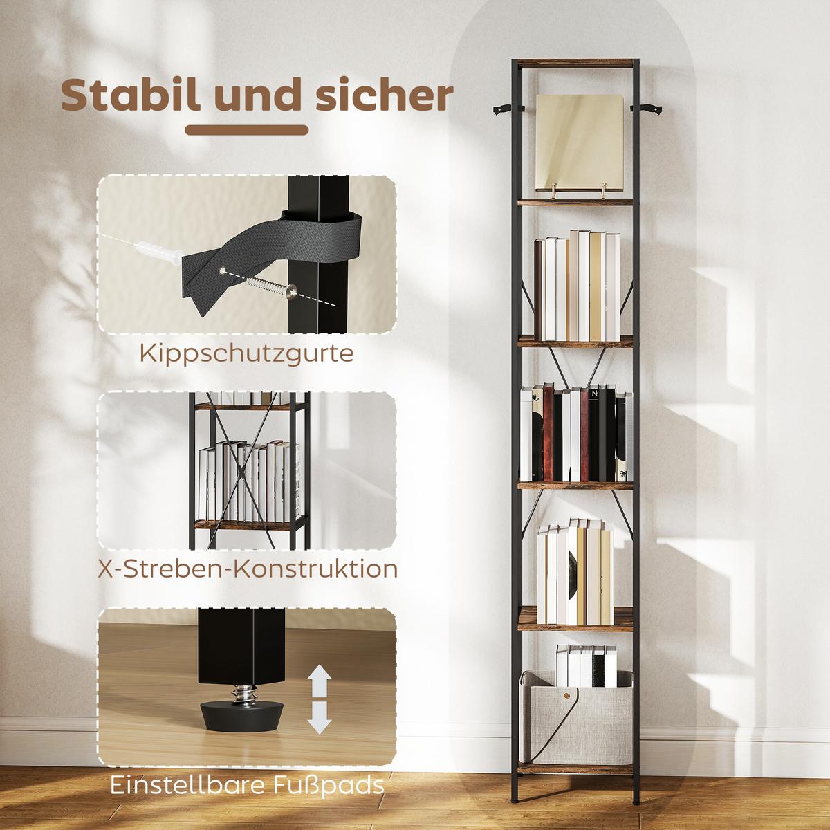 BÜCHERREGAL 2er Set Spanplatte Kohlenstoffstahl Rustikal-Braun - Schwarz/Braun, Holzwerkstoff/Metall (30/174.5/30cm) - HOMCOM