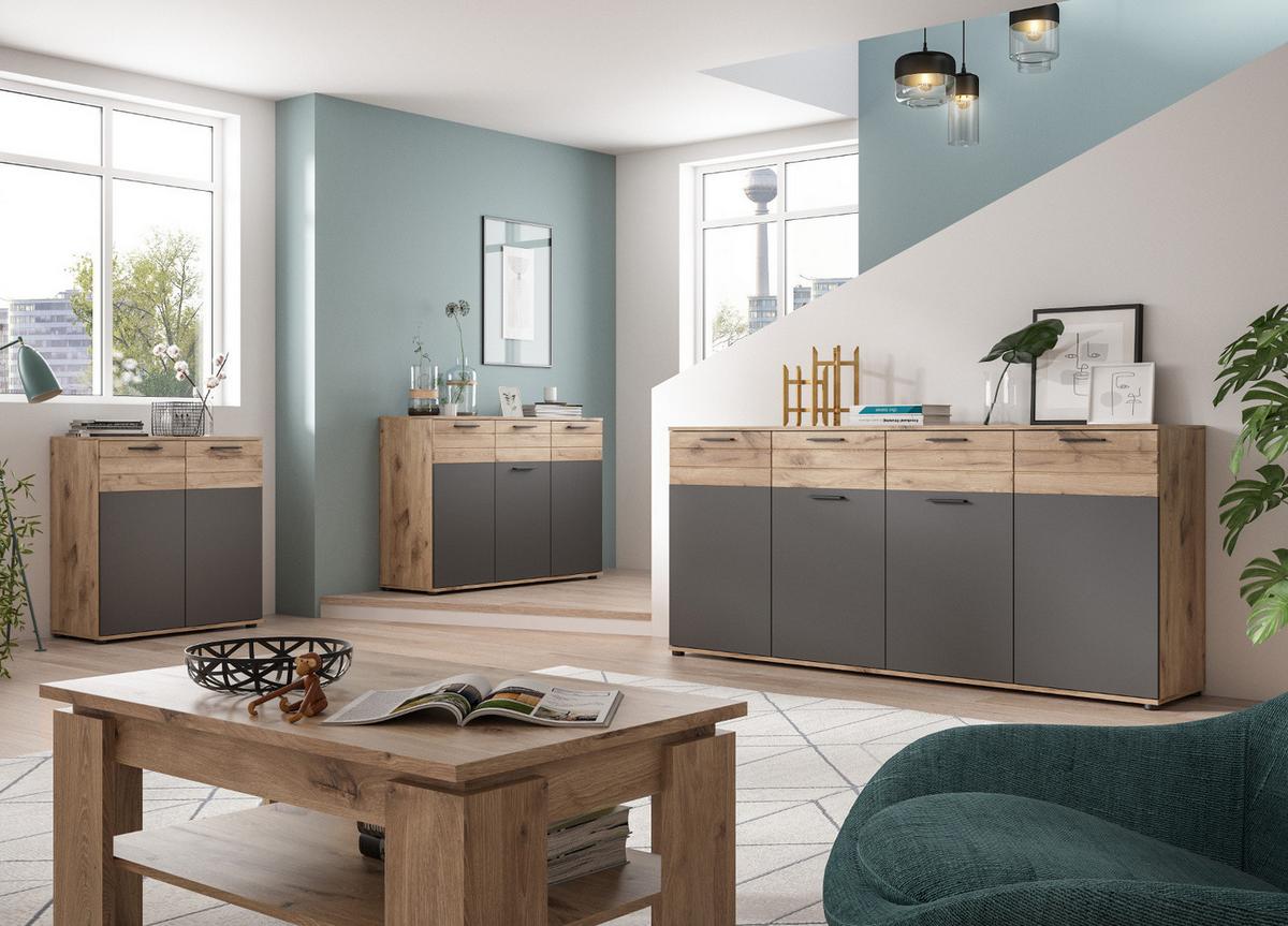 KOMMODE Eiche, grau 80 cm, Sideboard mit Soft-Close, Wohn- und Esszimmermöbel - Eichefarben/Schwarz, Holzwerkstoff/Kunststoff (80/87/40cm) - Inn.Furn