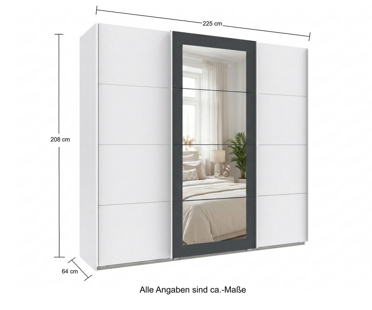 SCHWEBETÜRENSCHRANK 3-türig B225/H208/64 cm Kleiderschrank in Weiß, Spiegel umrahmt in Grafit, Griffe Weiß / 22626 - Graphitfarben/Weiß, Holzwerkstoff/Metall (225/208/64cm) - luma-home