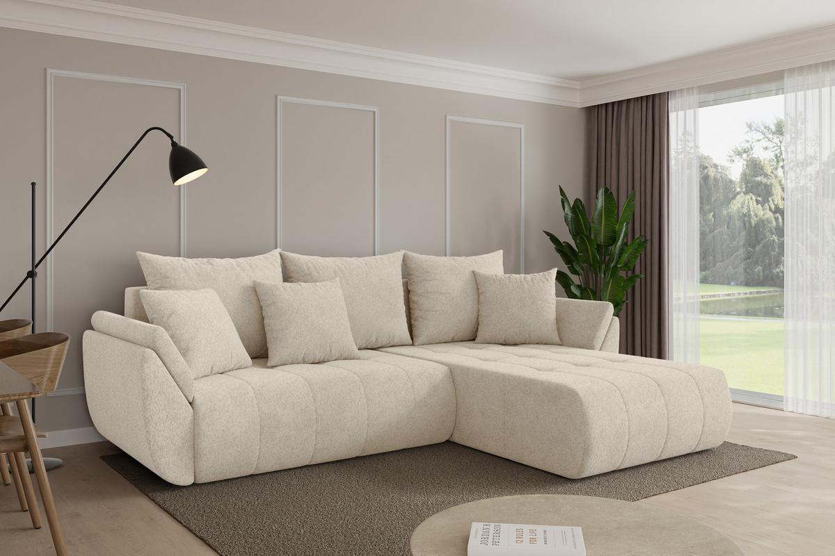 ECKSOFA mit Schlaffunktion Ottomane Rechts TOKO-L 277x194x86 Creme Velours - Creme/Schwarz, Holzwerkstoff/Kunststoff (277/194cm) - ALTDECOR