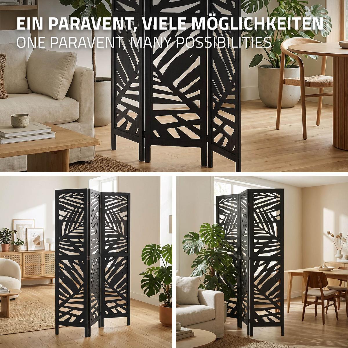 PARAVENT 3 teilig Kyoto 170x121 cm Schwarz aus Holz - Schwarz, Holz (121/170/2cm) - ML-DESIGN