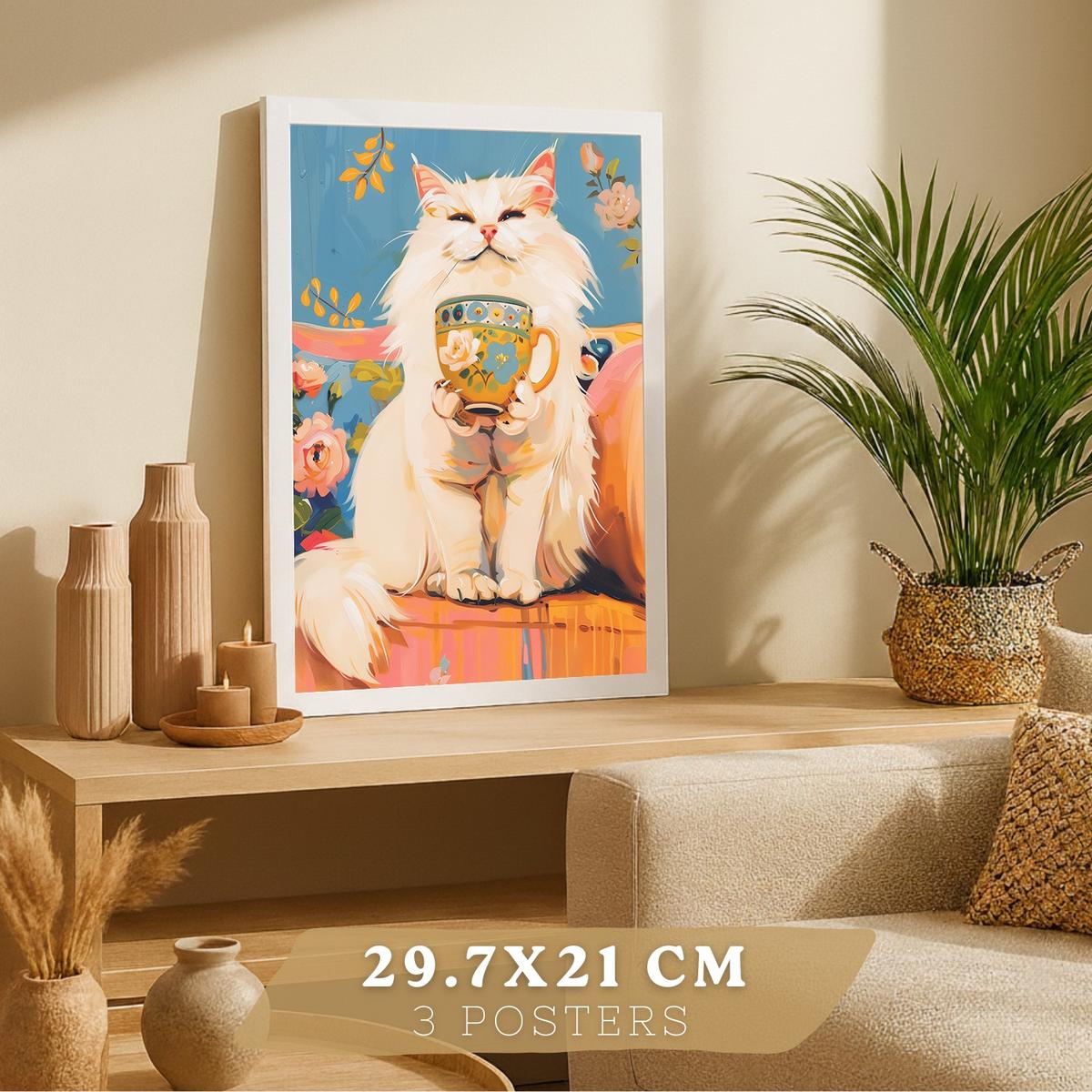 POSTER 3er Kunstdruck-Set Wandbilder Katzen modern Wohnzimmer Deko, Schlafzimmer, Küche, Badezimmer Weißer Rahmen A3 - Weiß, Papier (29.7/1/42cm) - Nacnic