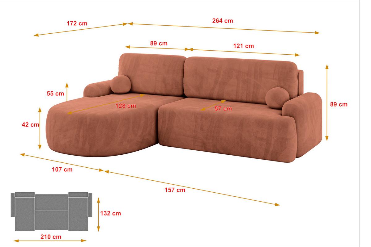 ECKSOFA mit Schlaffunktion und Bettkasten LIRA-L - 264x172x89 Apricot - Orange, Holzwerkstoff/Textil (264/172cm) - ALTDECOR