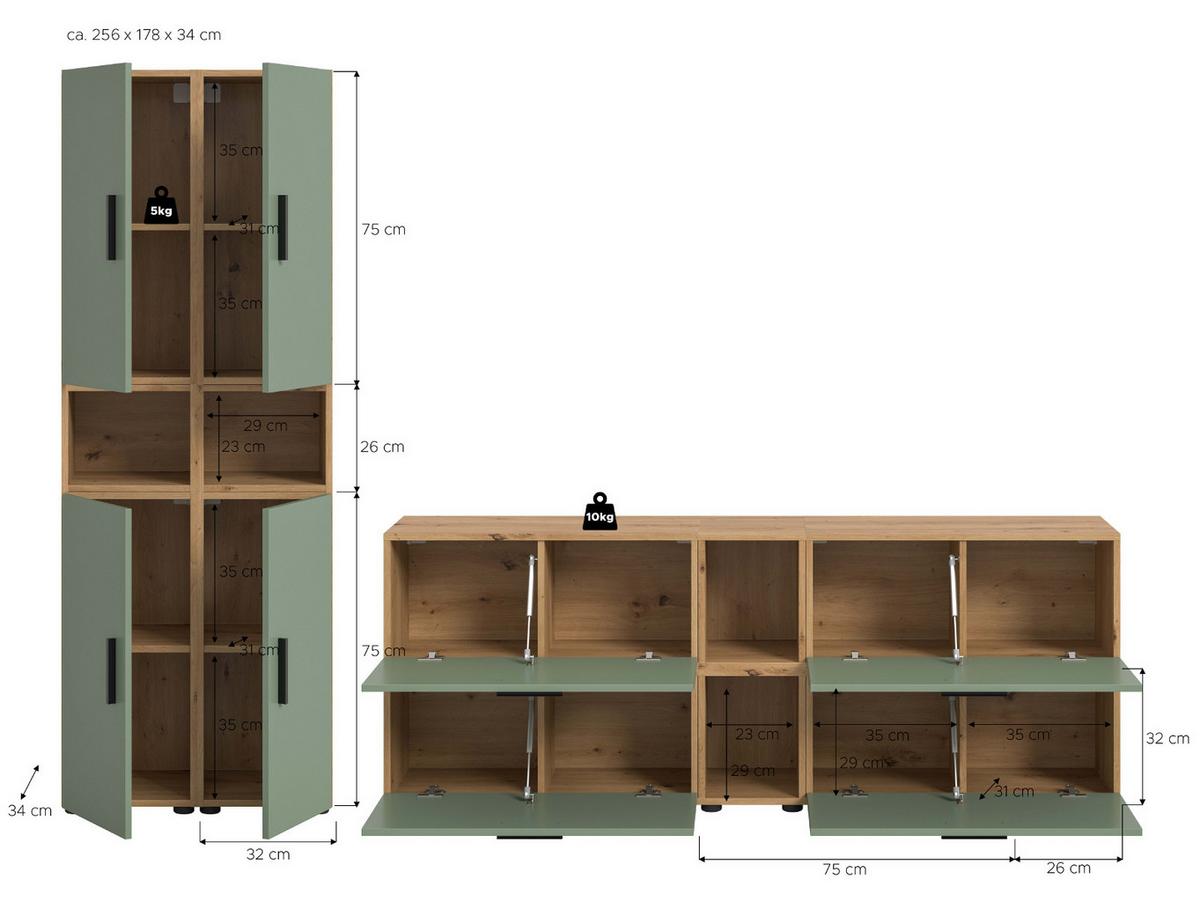 WOHNWAND grün, Eiche Artisan 256 x 178 cm, Schrankwand mit Soft-Close - Schwarz/Eiche Artisan, Holzwerkstoff/Kunststoff (256/151/34cm) - Inn.Furn