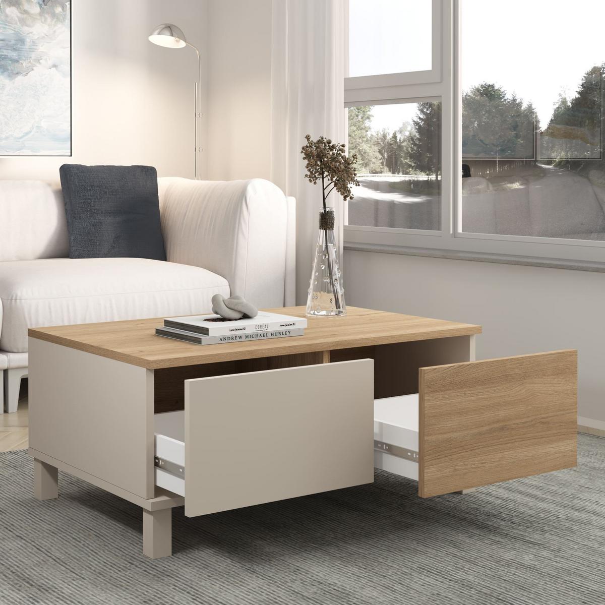 COUCHTISCH 2 Schubladen, 1 offenem Fach, Dekor Kaschmir und Eiche, 60/40/90 cm - Beige, Holzwerkstoff (11/60/40cm) - Calicosy