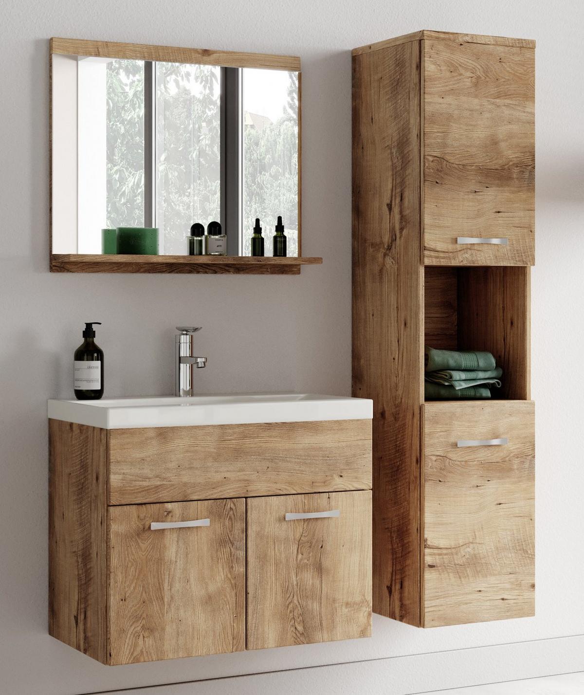 BADMÖBEL-SET Montreal 4 Teile Kastanien Eiche - 60 x 35 x 51 cm - Chromfarben/Nussbaumfarben, Holz/Metall (60/51/35cm) - Badplaats