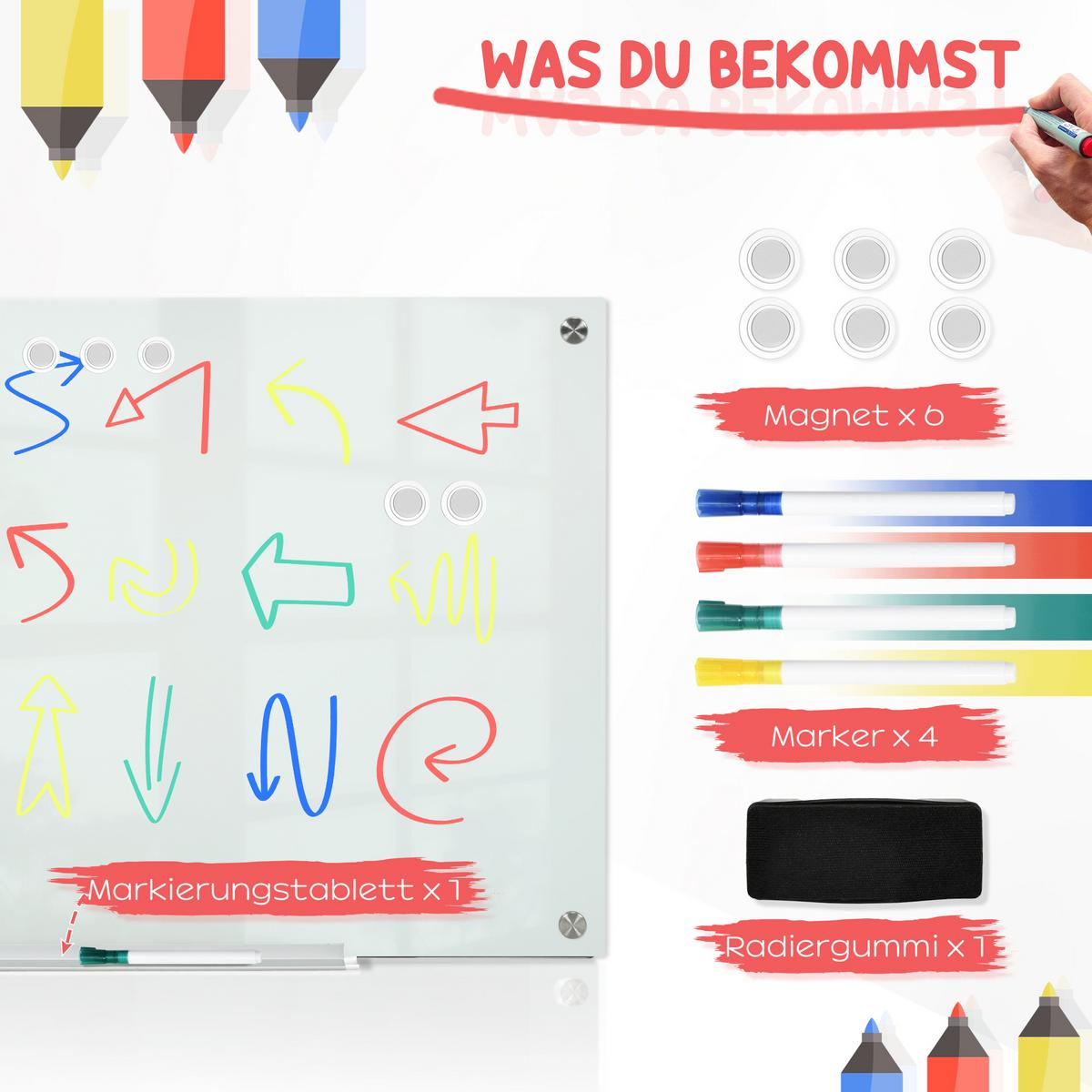 WHITEBOARD Magnetisch Magnettafel mit 4 Markern 10 Magnet abwischbar 90 x 60 cm - Weiß, Kunststoff (60/0.4/90cm) - Vinsetto