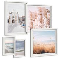BILDER SET 5er Set - 50x50 cm & 20x30 cm & 40x60 cm Weißer Rahmen - Pflanzen, Meereswellen, Aussicht, Häuser - Weiß, Kunststoff (40/60cm) - TULUP