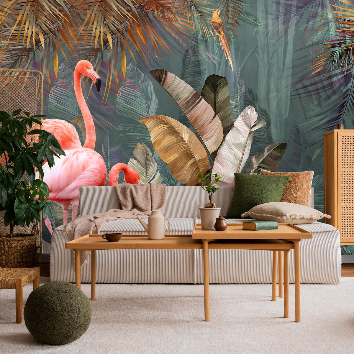 FOTOTAPETE für Wohnzimmer Flamingos Dschungel Blätter Tropisch 100x70 - Multicolor, Papier (100/70cm) - Muralo