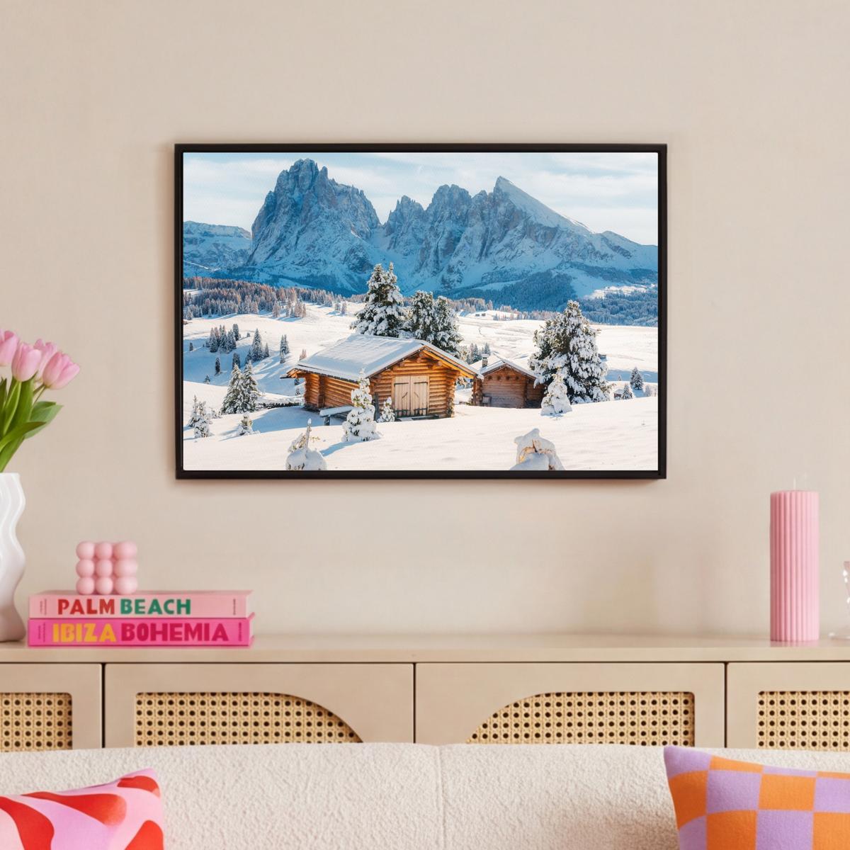 LEINWAND Bilder mit Rahmen - Winter - Hütte - Berge - Aussicht - Schnee - 60x40 - Eichefarben, Textil (60/40cm) - MuchoWow