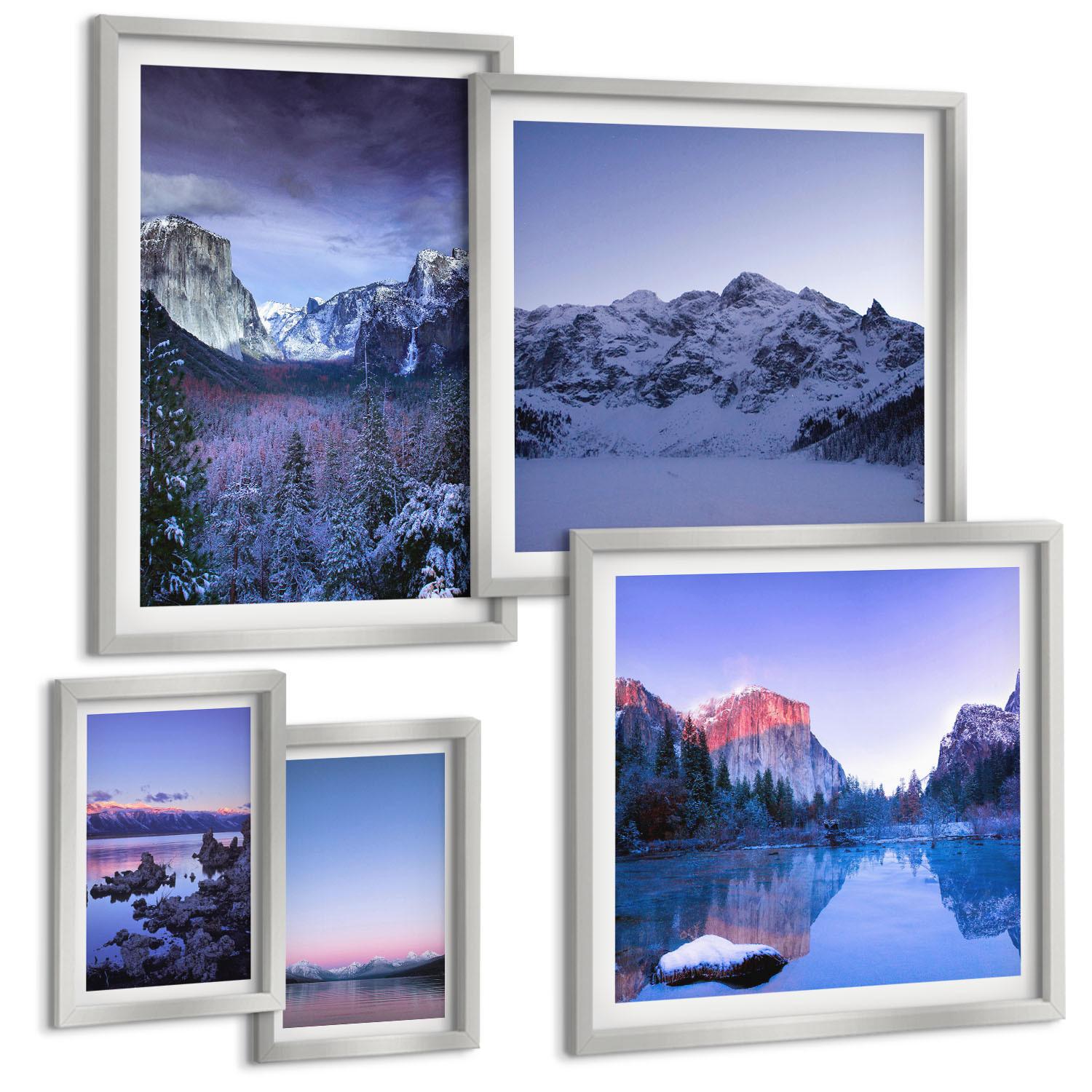 BILDER SET 5er Set - 50x50 cm & 20x30 cm & 40x60 cm Silberner Rahmen - Berglandschaften, Sonnenuntergang, Wasser - Silberfarben, Kunststoff (40/60cm) - TULUP