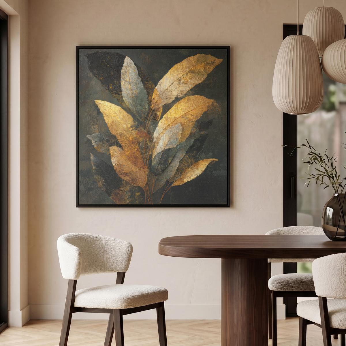 LEINWAND Bilder mit Rahmen - Golden Leaf Komposition - Botanical Luxury - 90x90 - Goldfarben, Textil (90/90cm) - MuchoWow