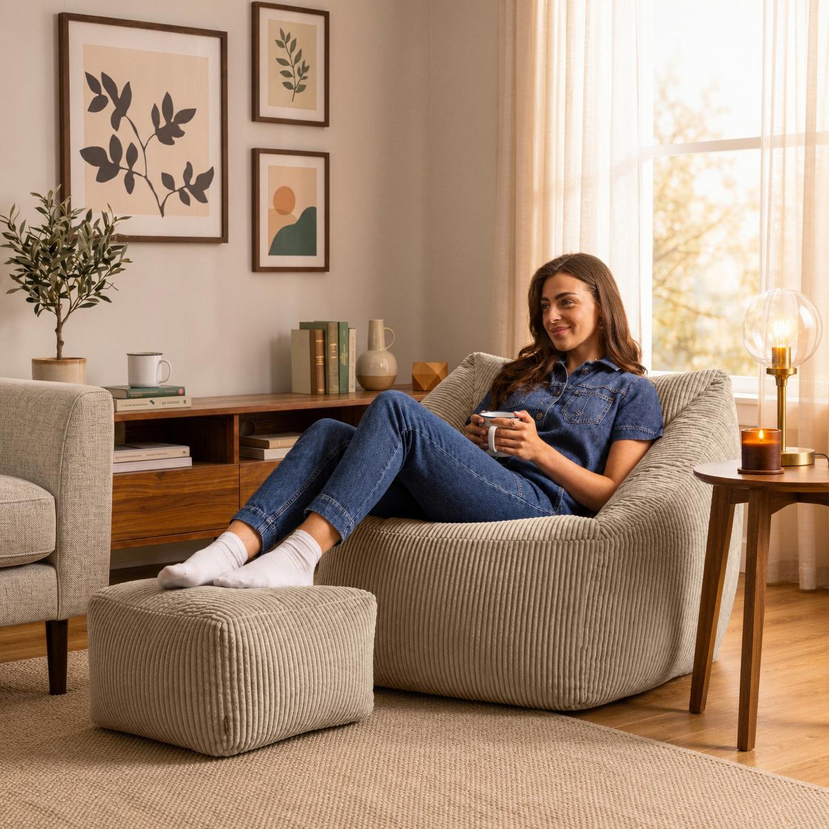 SITZSACK Cord Sessel Natalia mit Hocker - Beige, Textil (97/73/84cm) - icon