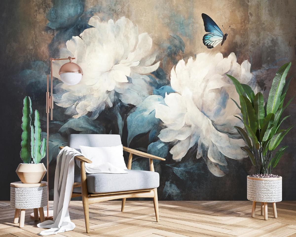 FOTOTAPETE Blumen Beton Vintage Schlafzimmer 150x105 - Beige, Papier (150/105cm) - Wallarena
