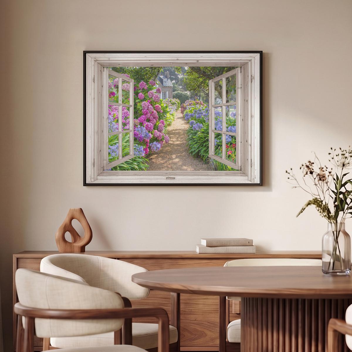 LEINWAND Bilder mit Rahmen - Hortensie - Durchsichtig - Blumen - Sommer - Lila - Weg - 70x50 - Lila, Textil (70/50cm) - MuchoWow