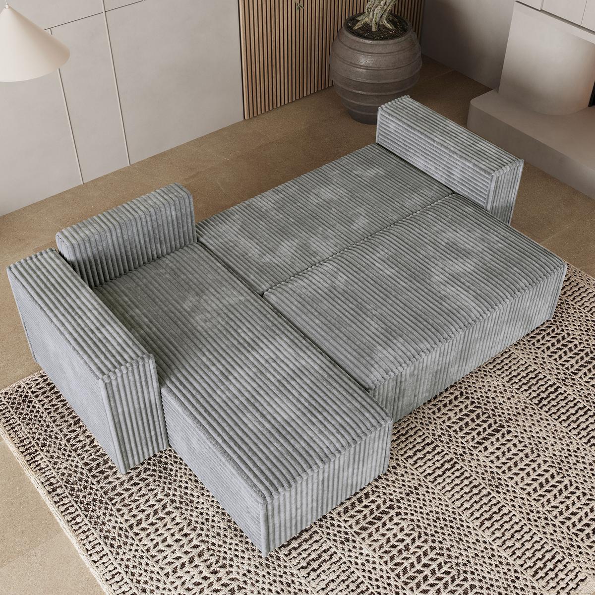 ECKSOFA RAVELO T Hellgrau Kordstoff mit Schlaffunktion - Hellgrau/Grau, Holz/Kunststoff (240/140cm) - MASSENO