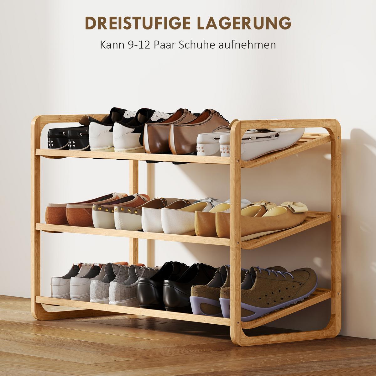 SCHUHREGAL mit 3 Ebenen Schuhaufbewahrung Schuh-Organizer für 9-12 Paar - Naturfarben, Holz/Bambusholz (33/50.8/76cm) - HOMCOM