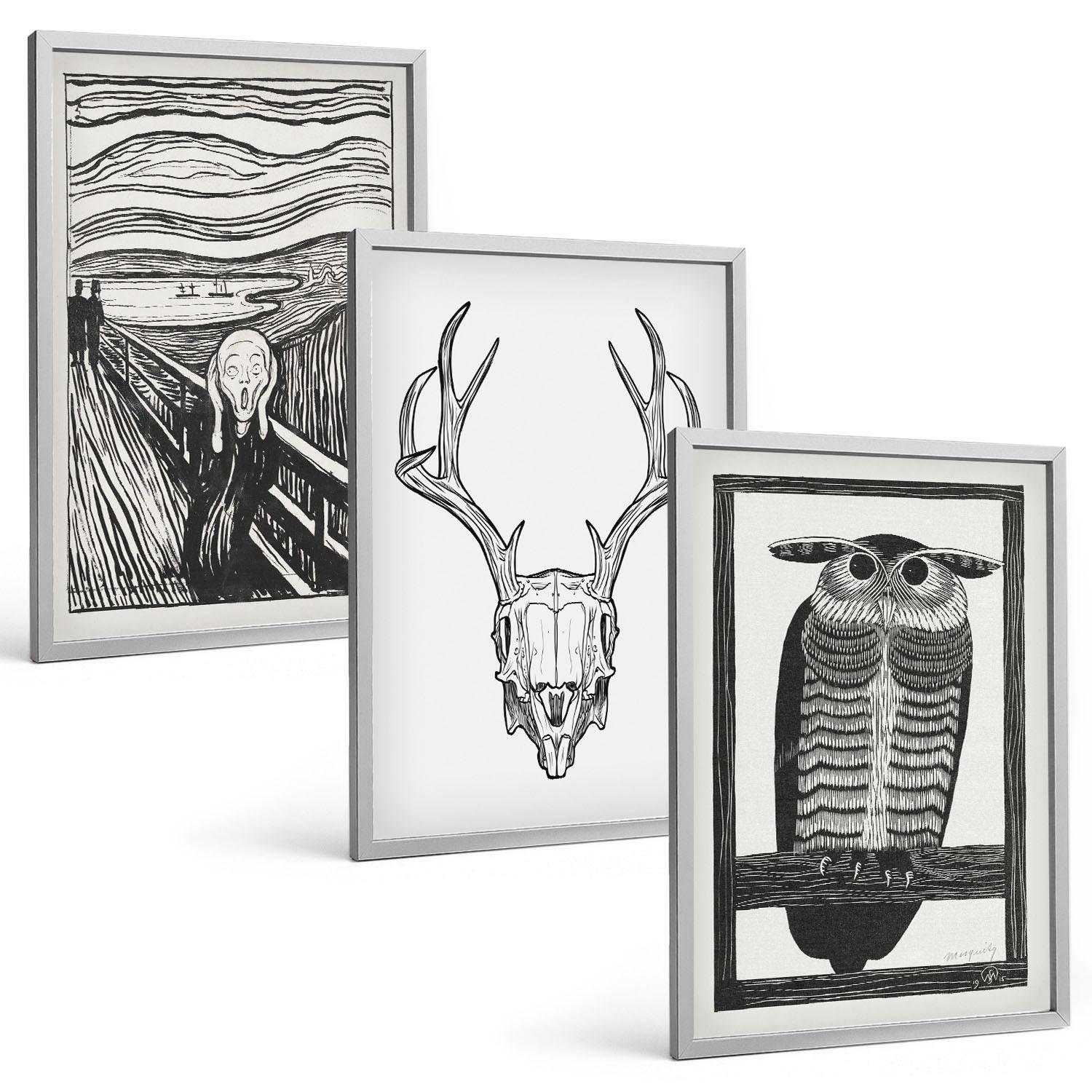 BILDER SET 3er Set - 40x60 cm Silberner Rahmen - Grafiken mit schreiendem Totenkopf-Eulen - Silberfarben, Kunststoff (40/60cm) - TULUP