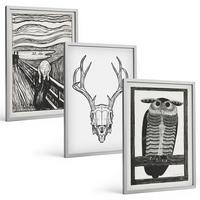 BILDER SET 3er Set - 40x60 cm Silberner Rahmen - Grafiken mit schreiendem Totenkopf-Eulen - Silberfarben, Kunststoff (40/60cm) - TULUP