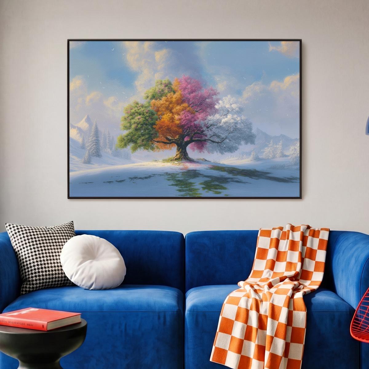 LEINWAND Bilder mit Rahmen - Baum - Jahreszeiten - Winter - Landschaft - 90x60 - Multicolor, Textil (90/60cm) - MuchoWow