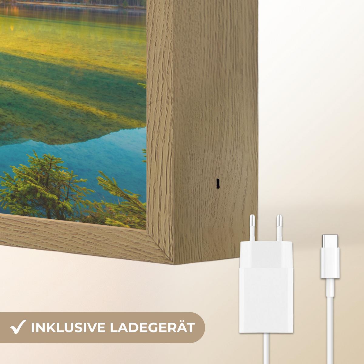 WANDLEUCHTE MIT AKKU See - Wald - Berge - Natur - Sonne - Landschaft 40x30 cm - Grün, Holzwerkstoff (40/30/8cm) - OnlyWow
