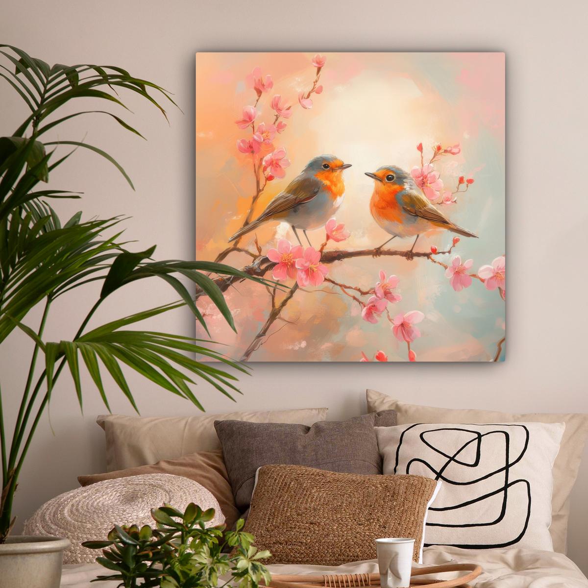 LEINWANDBILD Rotkehlchen - Zierpflanze - Blütenzweig Deko Groß 90x90 cm - Hellrosa, Textil (90/90cm) - MuchoWow