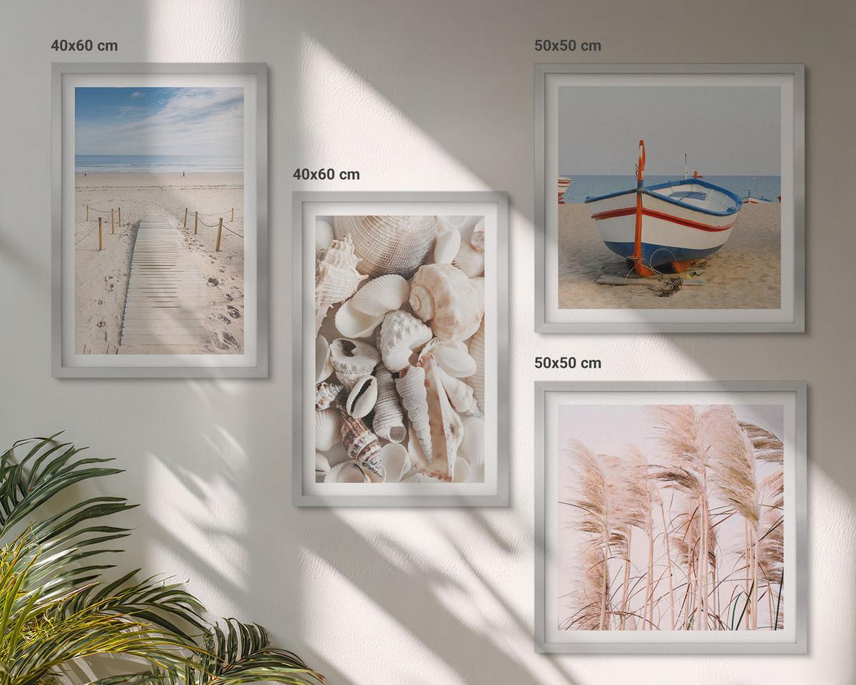 BILDER SET 4er Set - 50x50 cm & 40x60 cm Silberner Rahmen - Strand, Boot, Muscheln, Gras, Boho-Stil - Silberfarben, Kunststoff (50/50cm) - TULUP