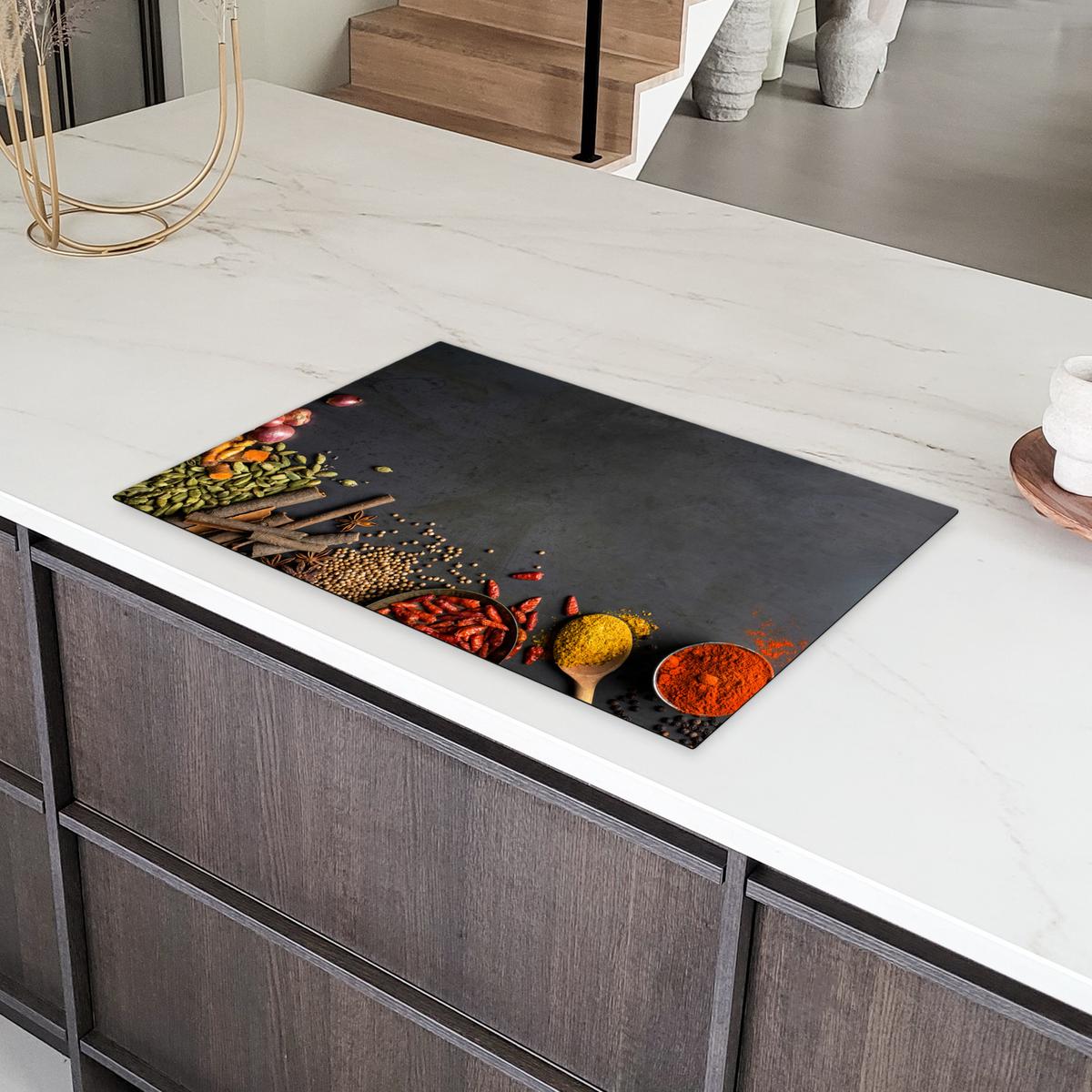 HERDABDECKPLATTE Kräuter - Lebensmittel - Gewürze - Schwarz - Paprika - Zimt Induktionsschutz 80x52.2 cm - Currygelb, Kunststoff (80.2/52.2/0.2cm) - MuchoWow