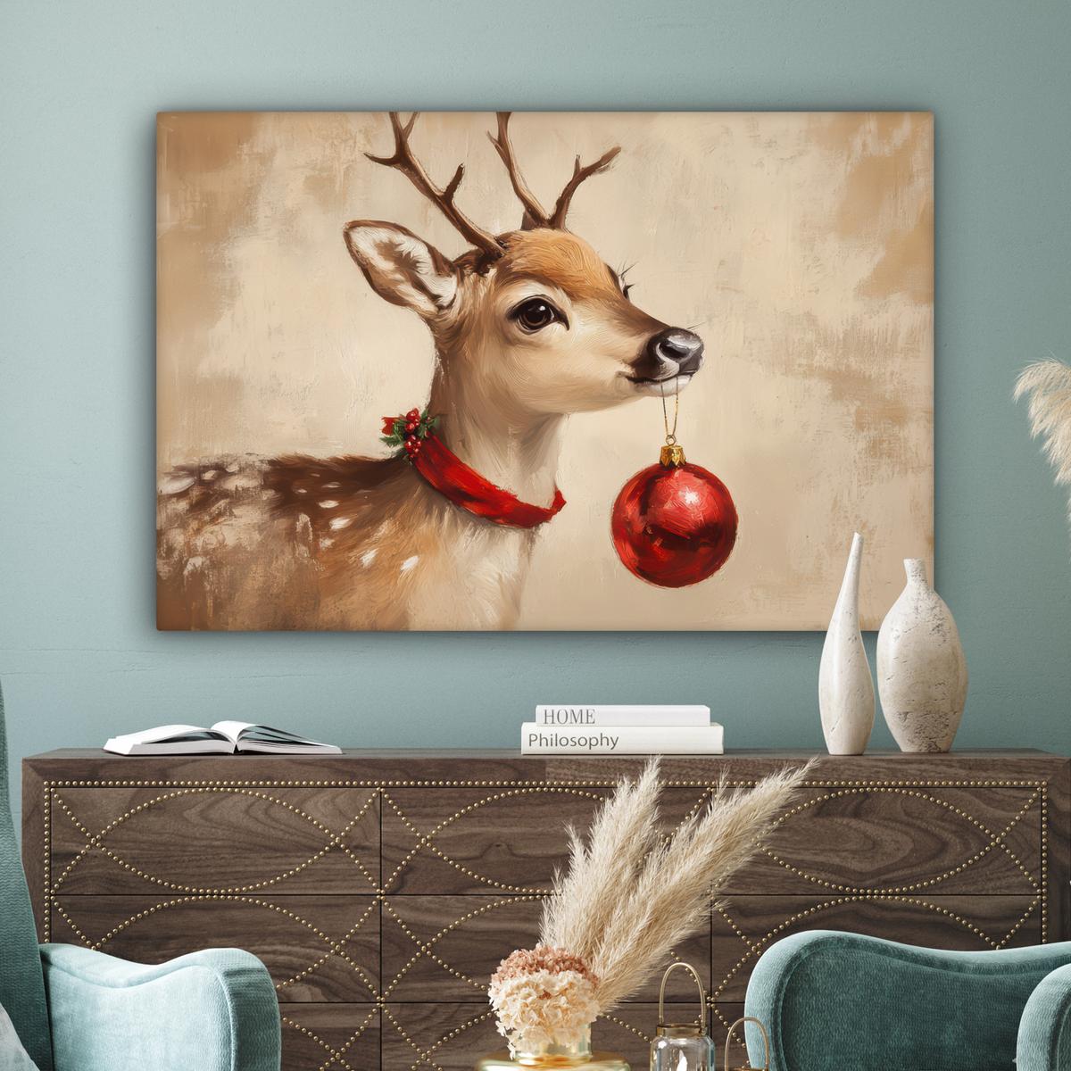 LEINWANDBILD Weihnachten - Hirsch - Geweih - Weihnachtskugel - Rentier Wohnzimmer Groß 120x80 cm - Hellbraun, Textil (120/80cm) - MuchoWow