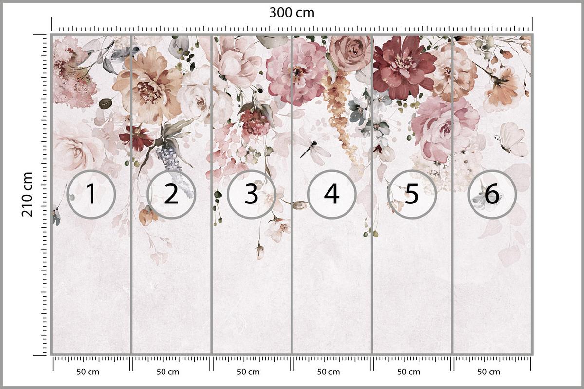 FOTOTAPETE für Schlafzimmer Aquarell Bunte Blumen Ranken Blätter 300x210 - Rot/Rosa, Papier (300/210cm) - Muralo