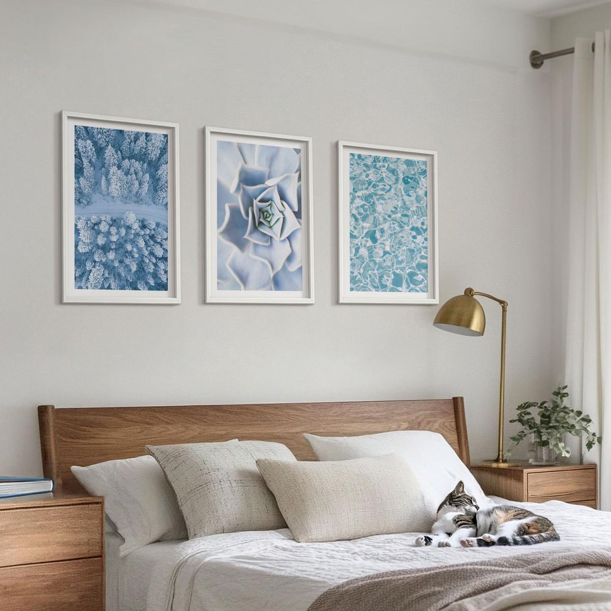 BILDER SET 3er Set - 40x60 cm Weißer Rahmen - Winterwald blaue Blume Wasser - Weiß, Kunststoff (40/60cm) - TULUP