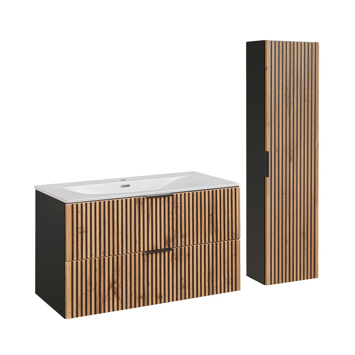 BADMÖBEL 100.2cm Gaia 2er-Set Holz in Eichenoptik und Schwarz - Schwarz, Holzwerkstoff (100.2/57/46cm) - Petits-meubles