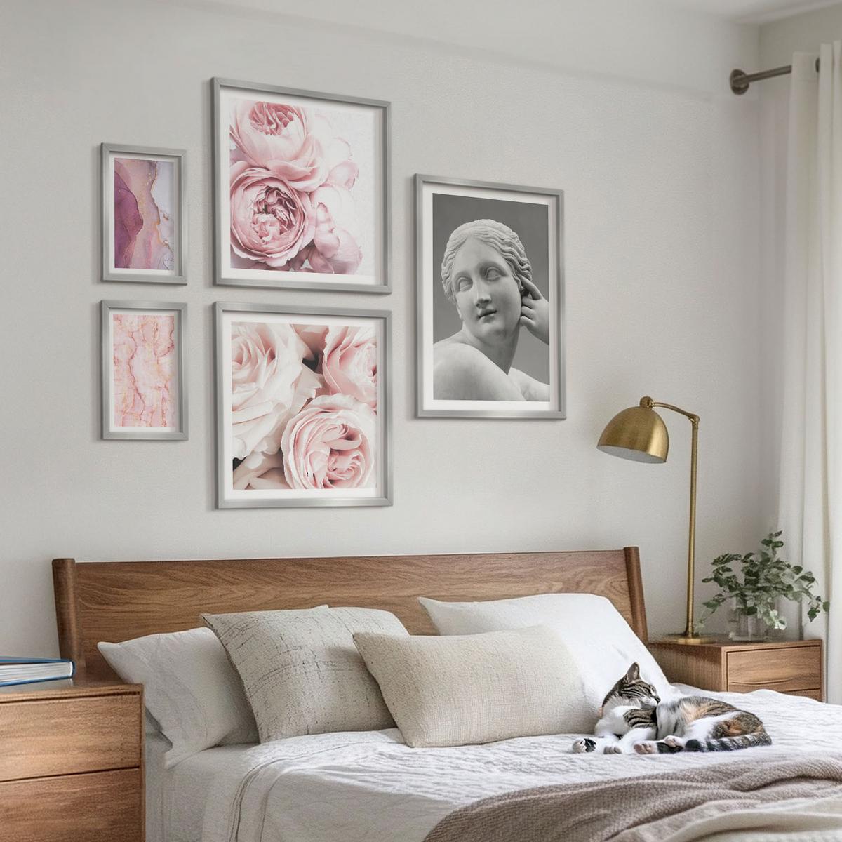 BILDER SET 5er Set - 50x50 cm & 20x30 cm & 40x60 cm Silberner Rahmen - Pfingstrosenskulptur einer Frau - Silberfarben, Kunststoff (40/60cm) - TULUP