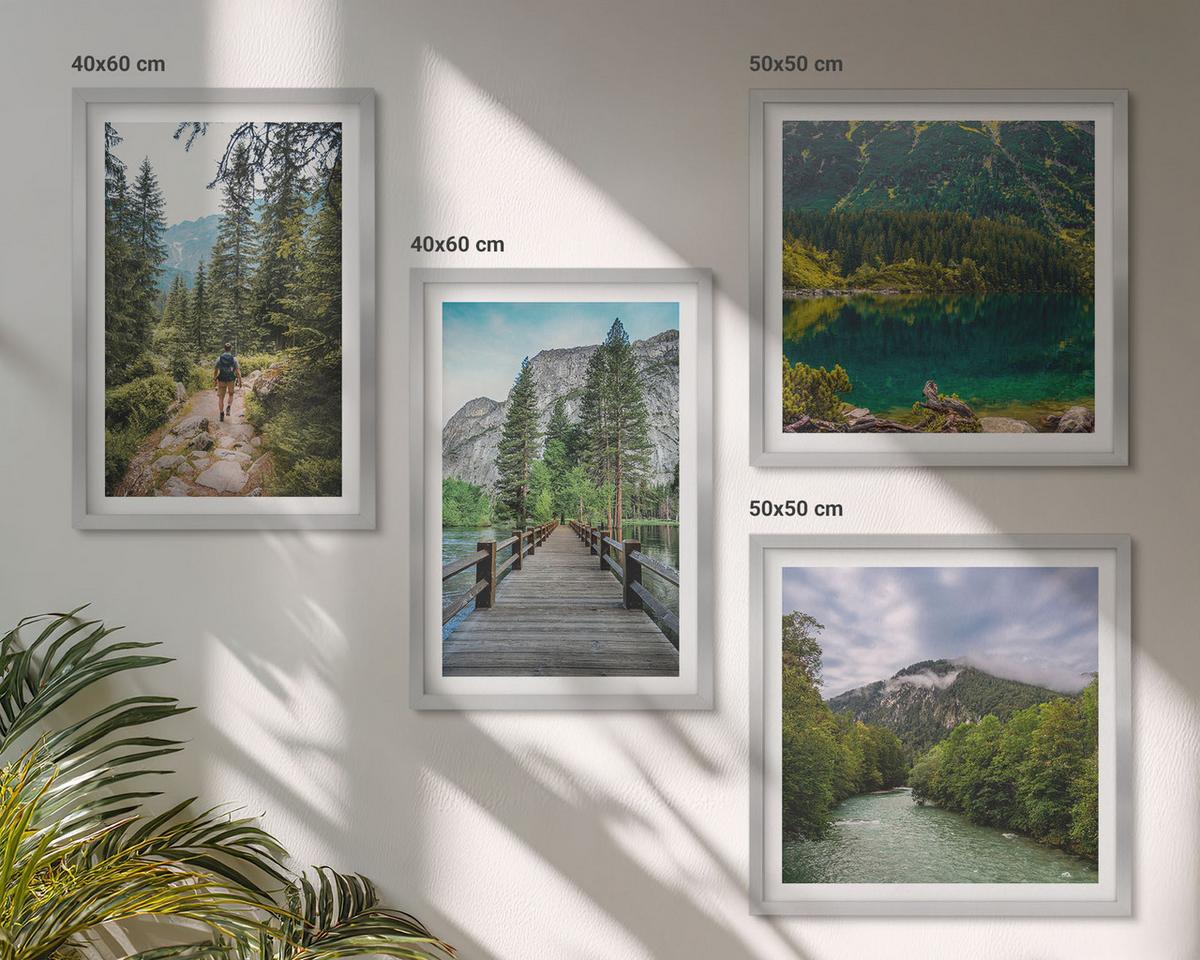 BILDER SET 4er Set - 50x50 cm & 40x60 cm Silberner Rahmen - Berge, Seen, Wälder, Wege - Silberfarben, Kunststoff (50/50cm) - TULUP