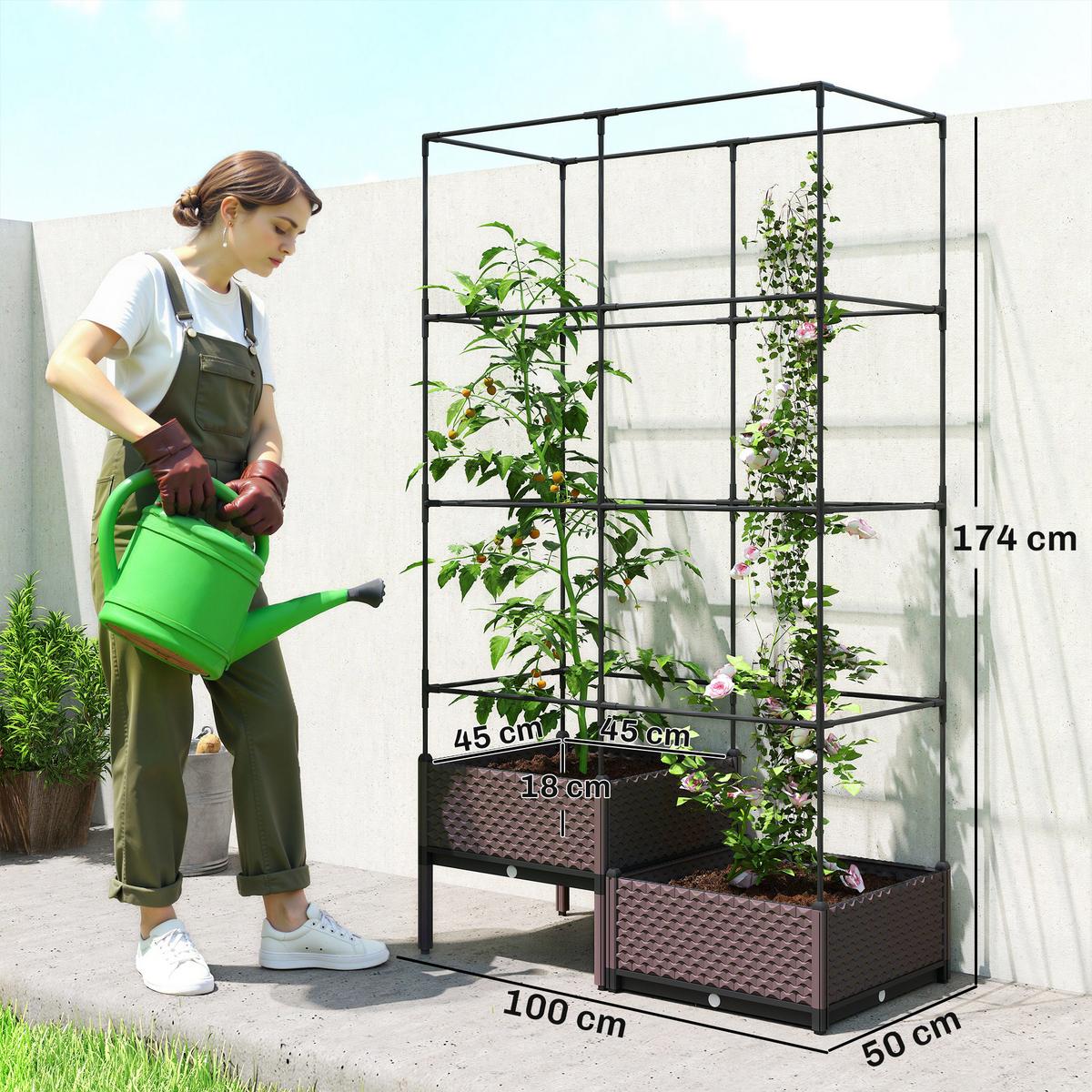 HOCHBEET Pflanzkasten mit Rankgitter, Abflusslöchern, Pflanzkübel aus Kunststoff - Schwarz, Metall (50/174/100cm) - Outsunny