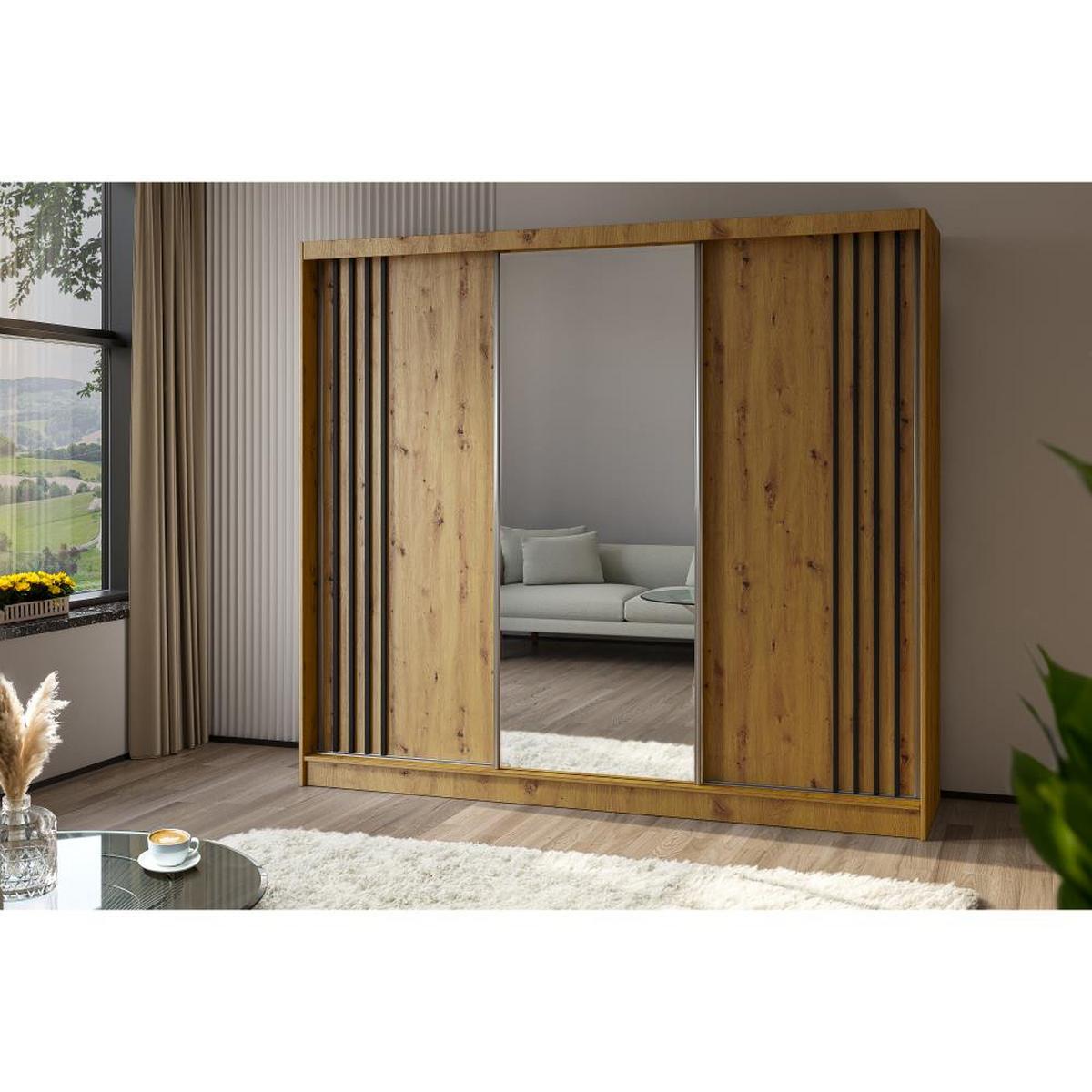 SCHWEBETÜRENSCHRANK Nela II 240/216/61 eiche Artisan mit Schubladen - Schwarz/Eiche Artisan, Holzwerkstoff (240/216/61cm) - Beautysofa