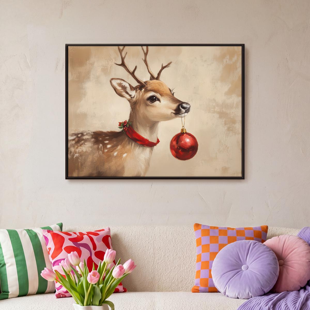 LEINWAND Bilder mit Rahmen - Weihnachten - Hirsch - Geweih - Weihnachtskugel - Rentier - 70x50 - Hellbraun, Textil (70/50cm) - MuchoWow