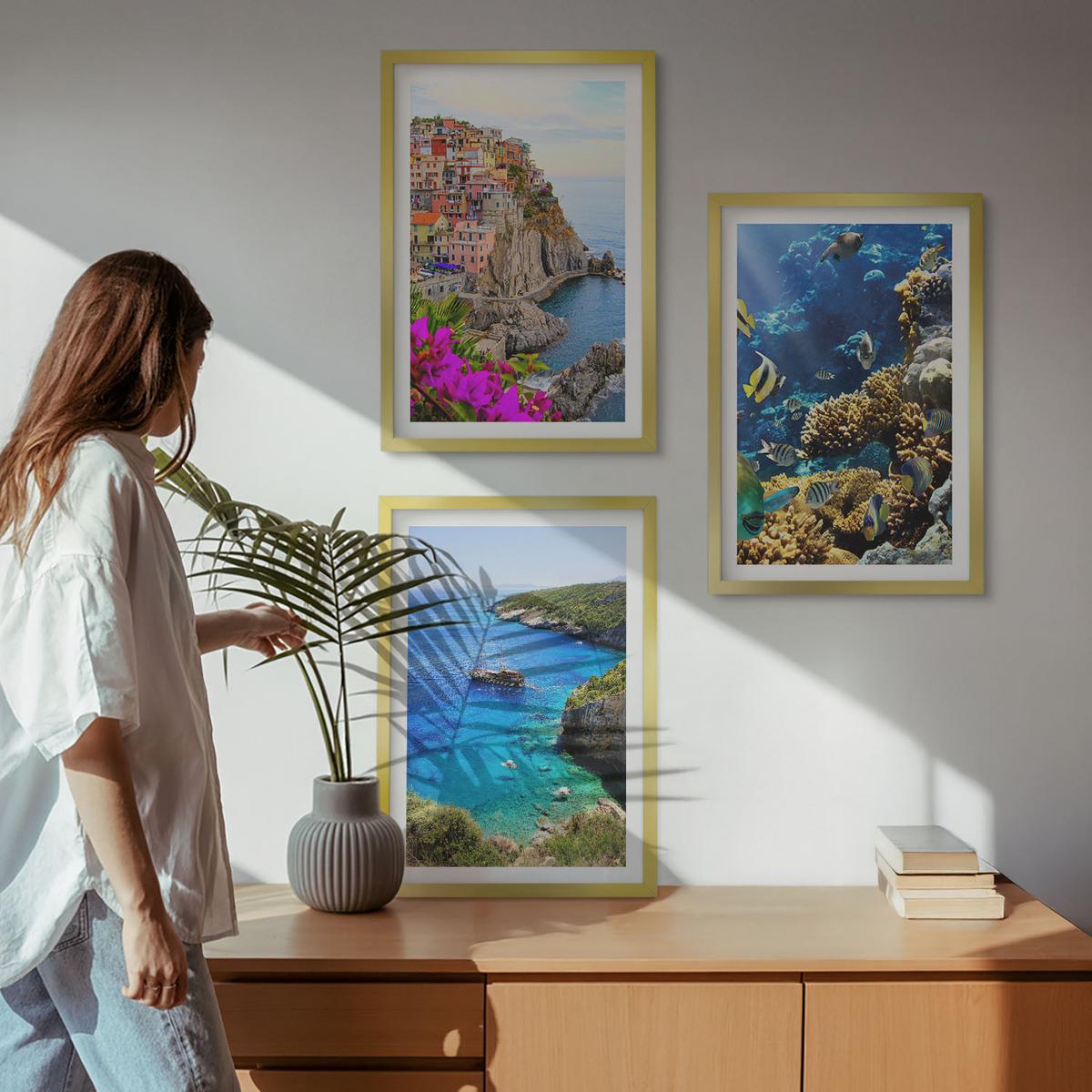 BILDER SET 3er Set - 40x60 cm Goldrahmen - Meerblick, farbenfrohe Häuser - Goldfarben, Kunststoff (40/60cm) - TULUP