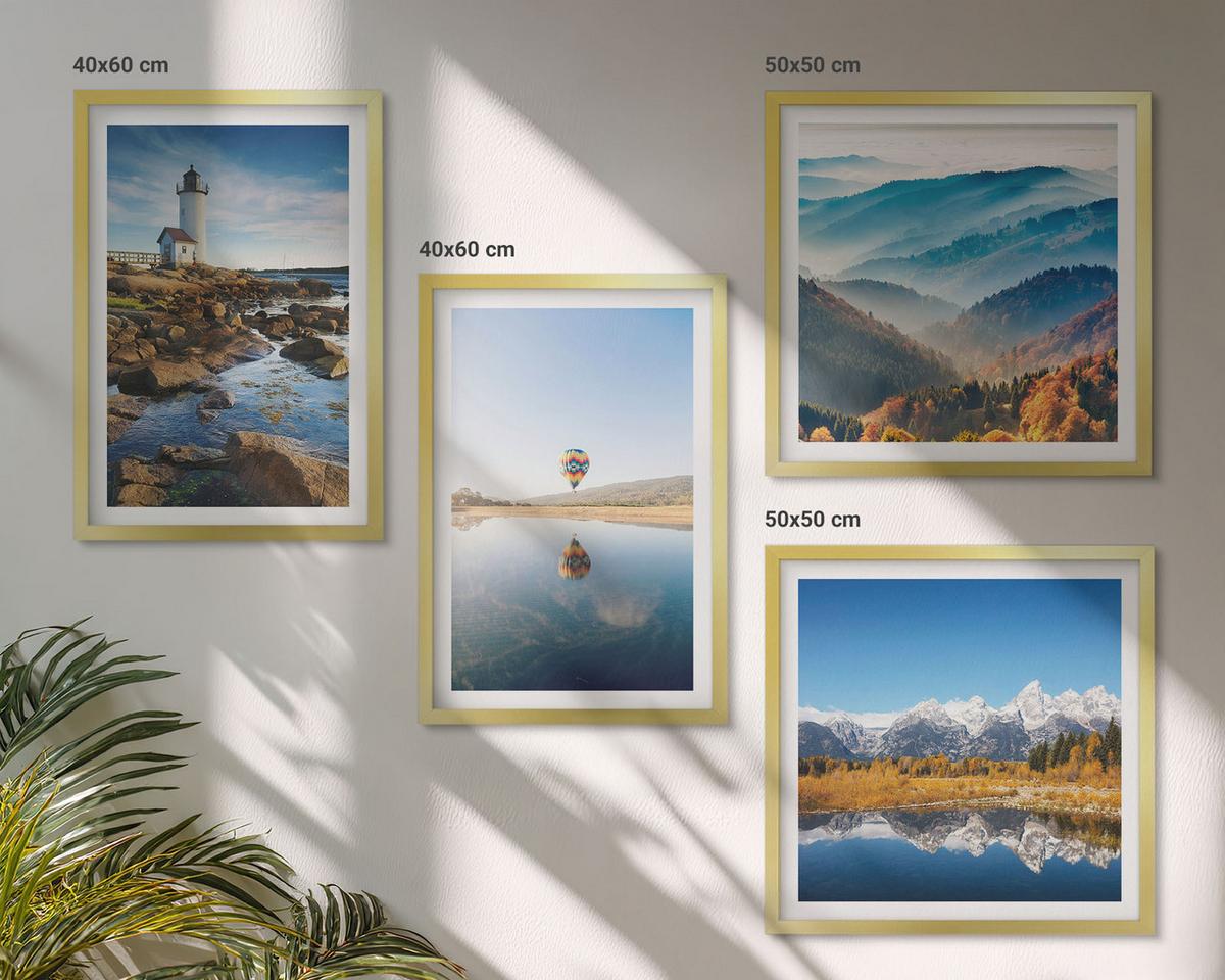 BILDER SET 4er Set - 50x50 cm & 40x60 cm Goldrahmen - Ausblicke auf die Natur, Leuchtturm, Berge - Goldfarben, Kunststoff (50/50cm) - TULUP