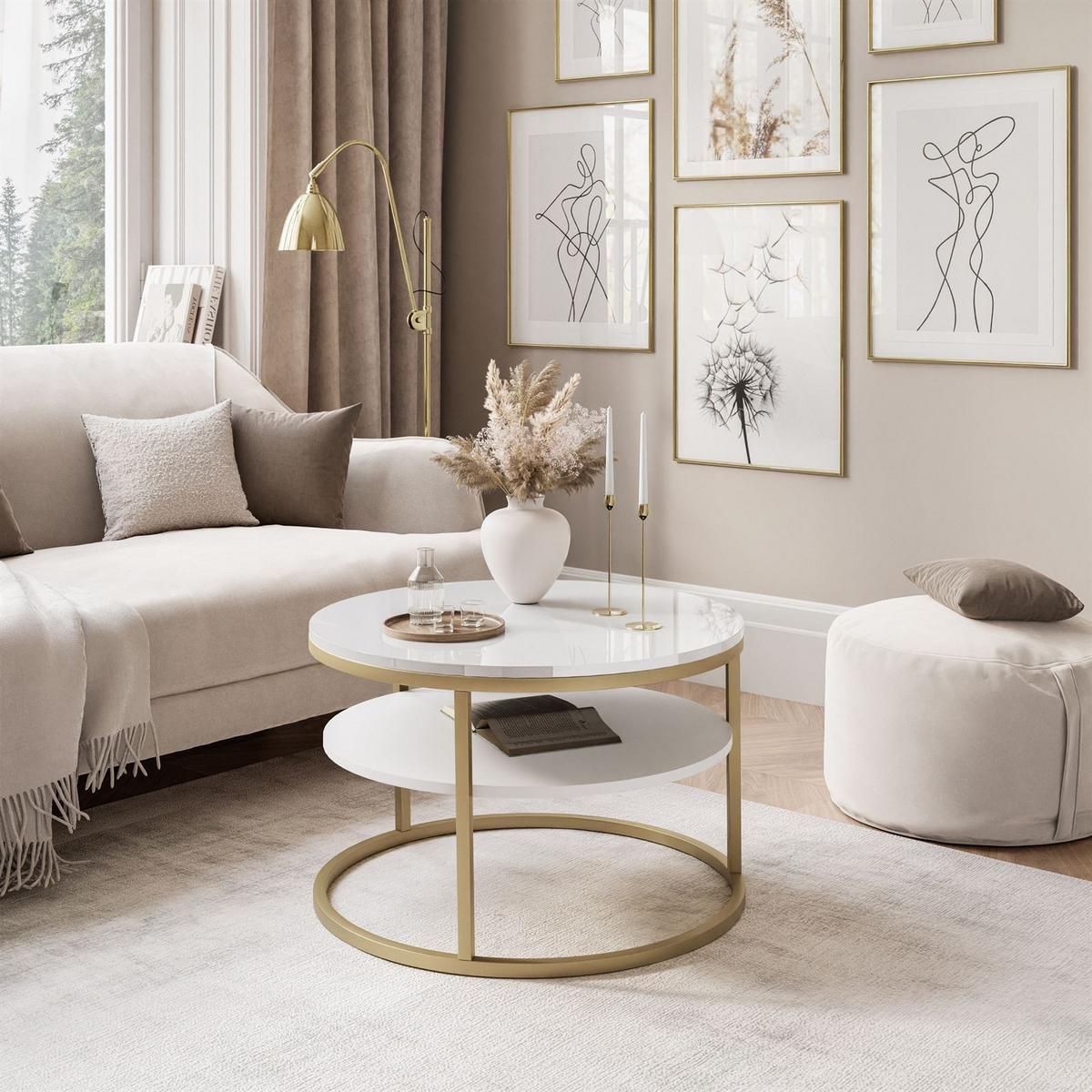 COUCHTISCH CIRI SLIM mit Regal Hochglanz - Goldfarben/Weiß, Holzwerkstoff (60/60/42cm) - Lookway