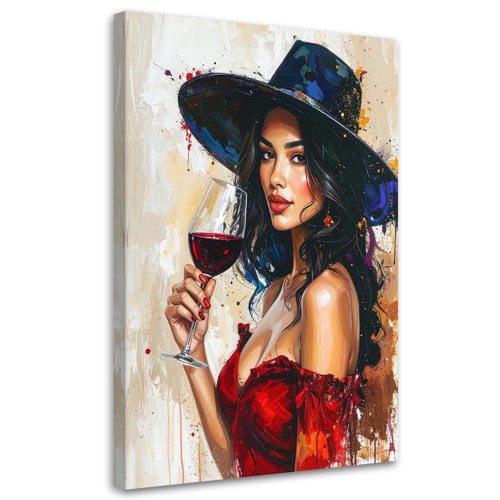 LEINWANDBILD, Frau mit Hut und Wein - Glamour - Rot, Textil (70/100cm) - Feeby