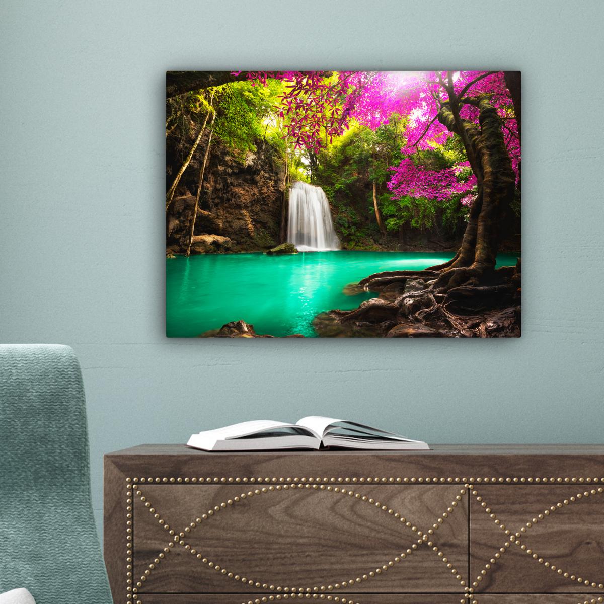 LEINWANDBILD Wasserfall mit bunten Blumen und Bäumen - Natur - Dschungel Wandbild 40x30 cm - Waldgrün, Textil (40/30cm) - MuchoWow
