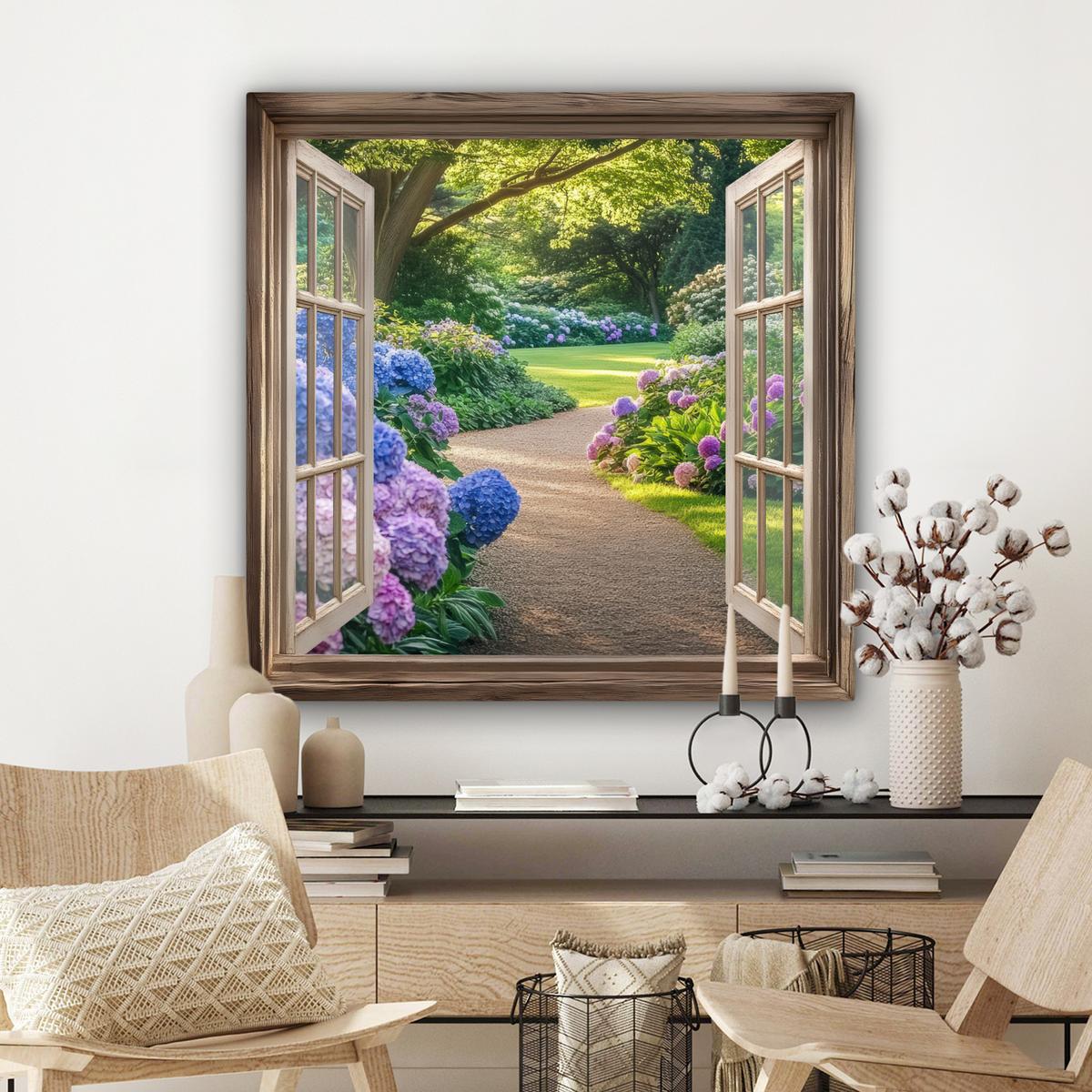 LEINWANDBILD Aussicht - Garten - Fenster - Hortensie - Blumen Deko Groß 90x90 cm - Pastellblau, Textil (90/90cm) - MuchoWow