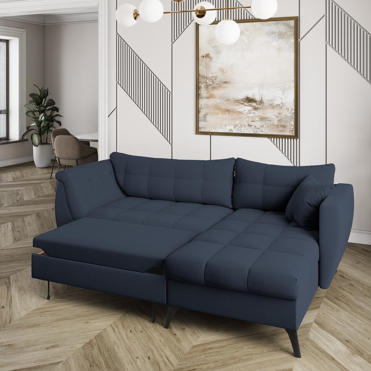 ECKSOFA MOLLIS Blau Geflochtener-Stoff mit Schlaffunktion - Blau, Holz (241/154cm) - MASSENO