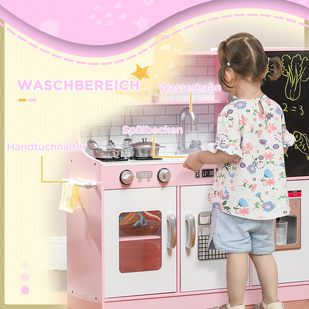 KINDERKÜCHE Spielküche mit Spielzeug Telefon, Kreidetafel, Mikrowelle, Herd Rosa - Hellrosa, Holzwerkstoff (83.8/26.8/81cm) - AIYAPLAY