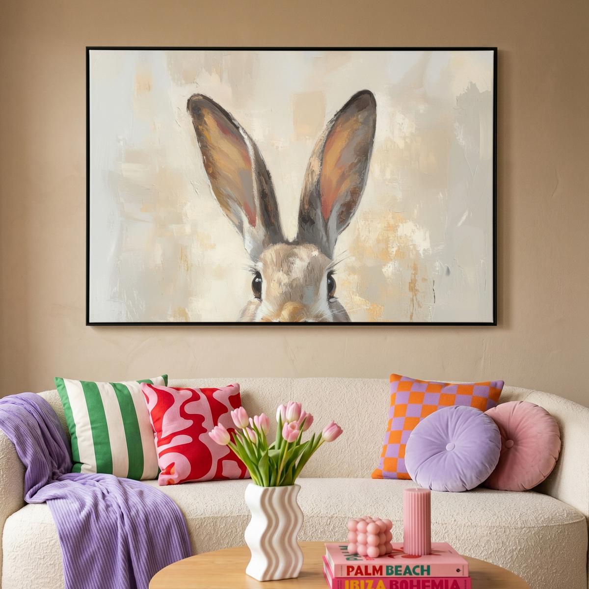 LEINWAND Bilder mit Rahmen - Hase - Ohren - Braun - 120x80 - Beige, Textil (120/80cm) - MuchoWow
